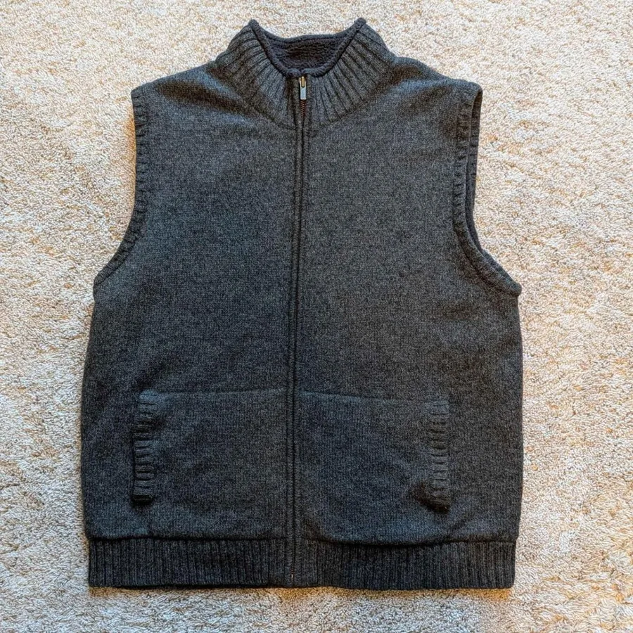 L.L. Bean Sweater Vest Mens Large Charcoal Grey Lambswool Sherpa Lined Full Zip