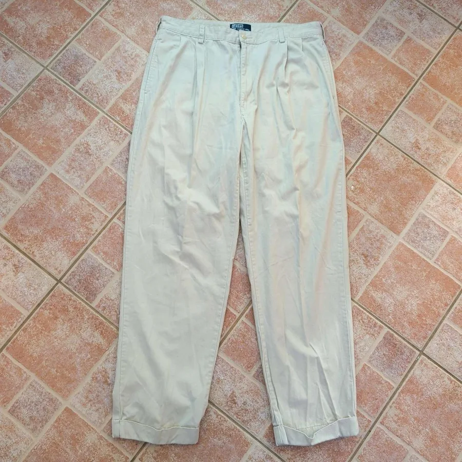 Polo Ralph Lauren Pleated Chino Pants Mens 38x32 Beige Tan Cuffed Cotton Twill