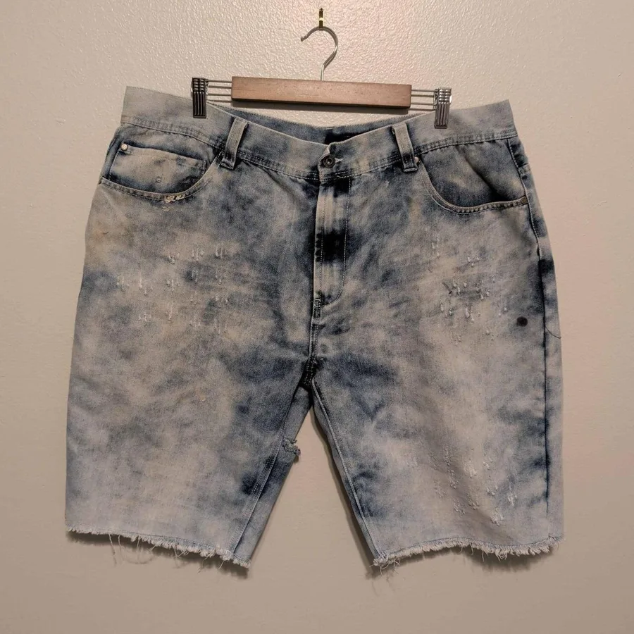 Parish Denim Shorts Mens 42 Blue Acid Wash Distressed Frayed Hem Streetwear