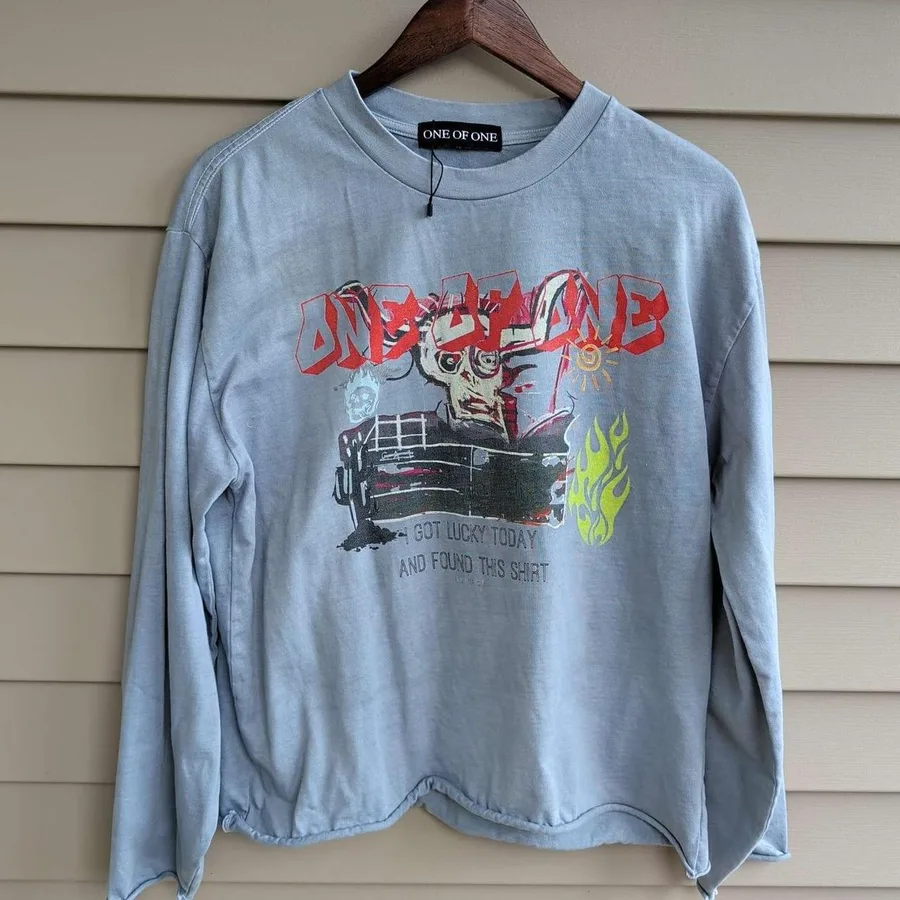 One Of One Graphic Long Sleeve T-Shirt Mens Medium Blue-Grey Raw Hem Streetwear