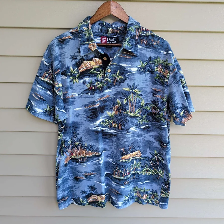 Chaps Ralph Lauren Polo Shirt Mens Large Blue Tropical Island Palm Tree Print