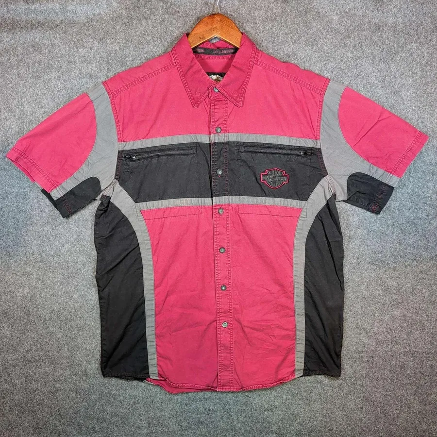 Harley-Davidson Button Up Shirt Mens L Red Black Colorblock 96594-12VM Biker