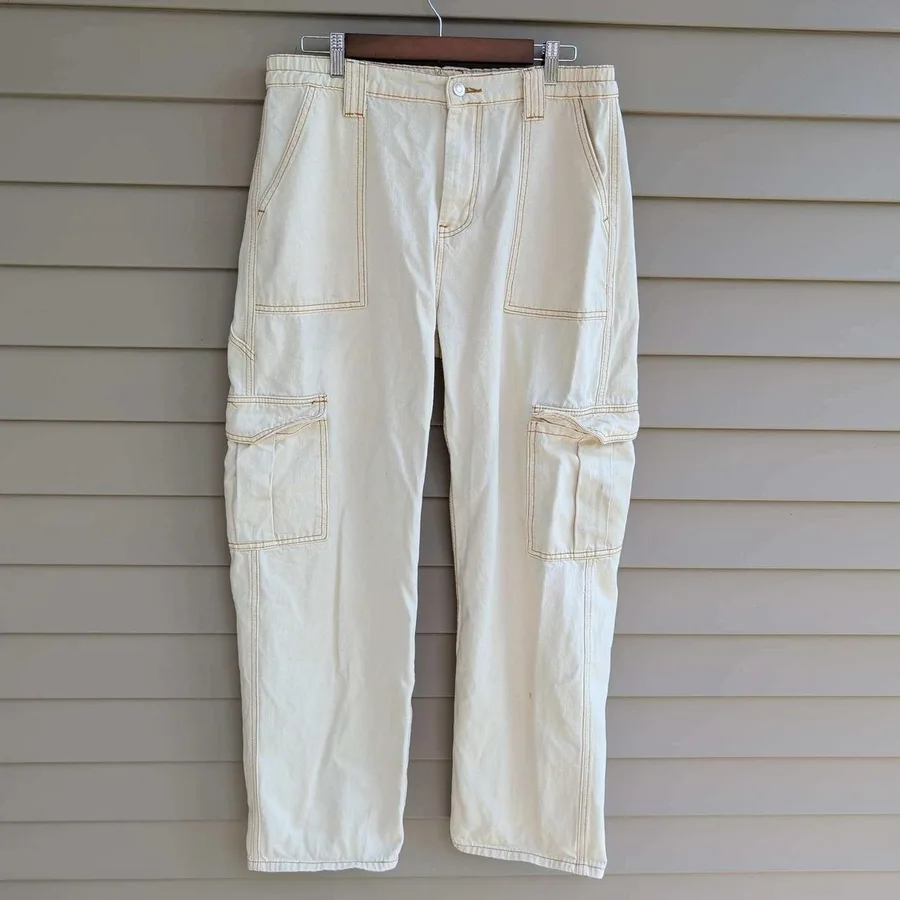 Fashion Nova Cargo Pants Women 13 Cream Contrast Stitch Carpenter Straight Leg