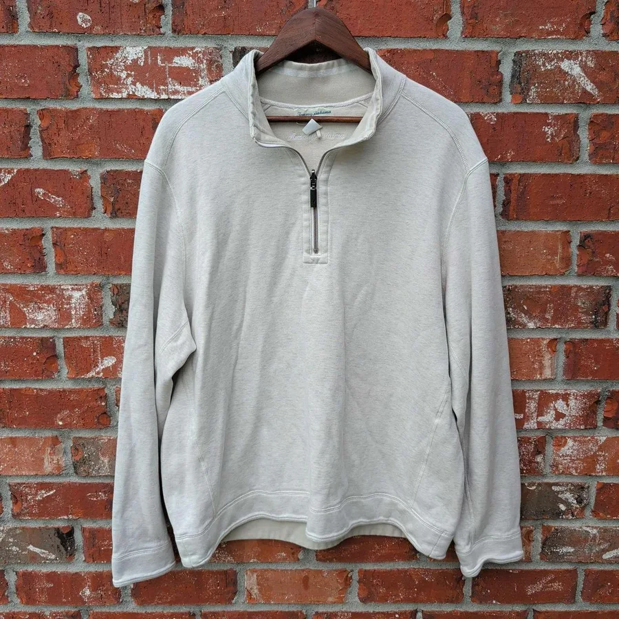 Tommy Bahama Quarter Zip Pullover Mens XL Beige Reversible Cotton Tencel