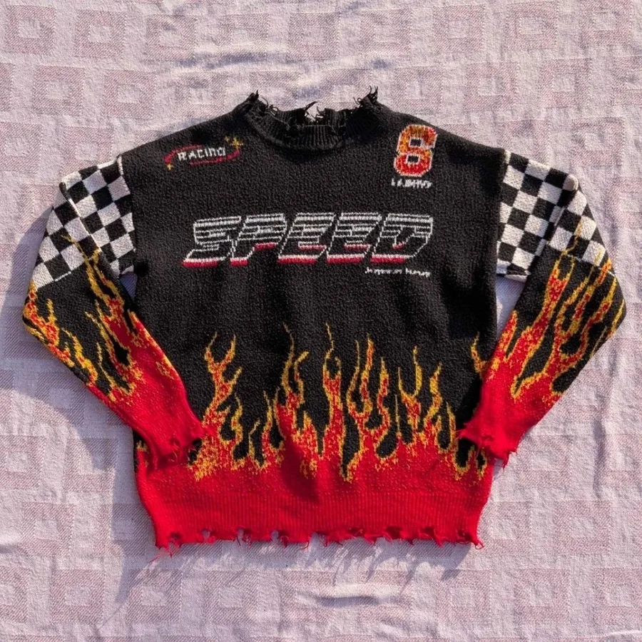 Racing Knit Sweater Mens XS Black Flame Checkerboard Distressed Graphic