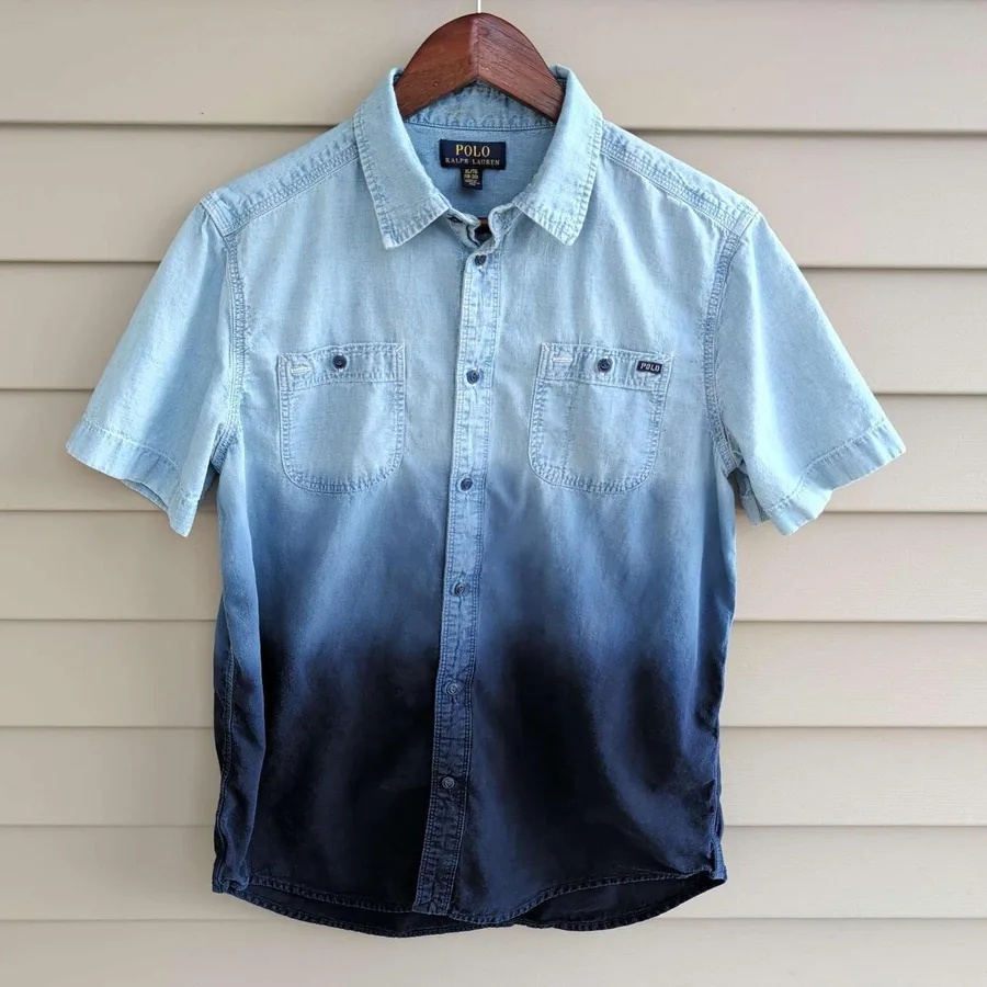 Polo Ralph Lauren Denim Shirt Mens S Blue Ombre Dip Dye Short Sleeve Button Down