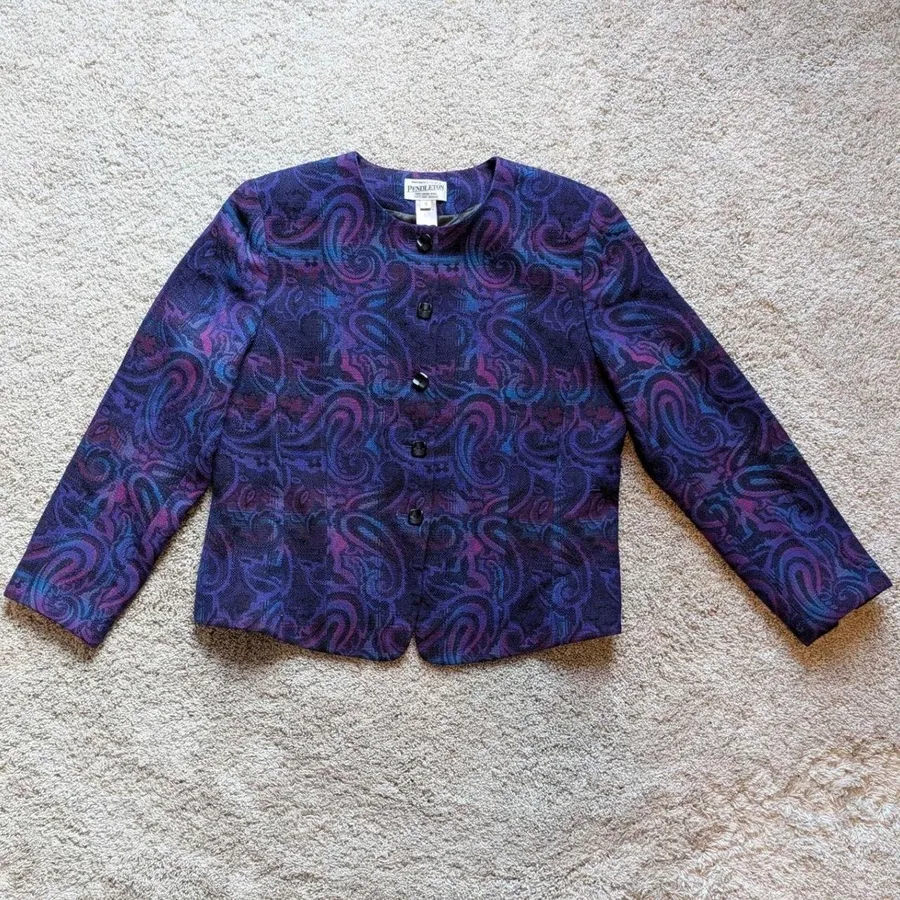 Pendleton Blazer Women 12 Purple Paisley 100% Virgin Wool Collarless Jacket USA