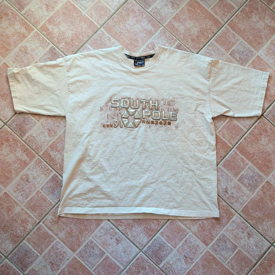 Southpole T-Shirt Mens 3XL Cream Y2K Streetwear 3D Metallic Puff Graphic Tee