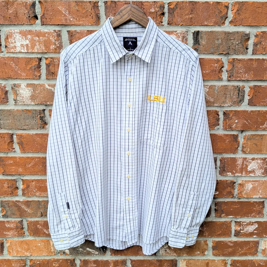 Antigua LSU Tigers Button Down Shirt Mens L White Navy Check Golf Polo Style