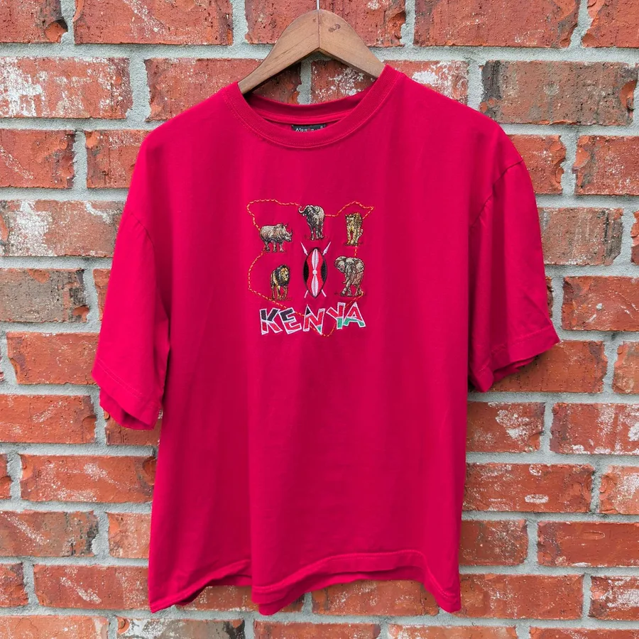 Airborne Kenya Safari Tee Mens 2XL Red Embroidered Big Five Animals