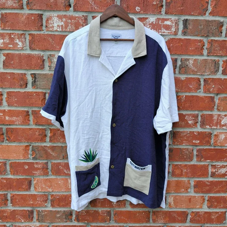 Cutwater Button Up Shirt Mens 2XL White Navy Colorblock Embroidered Agave Lime