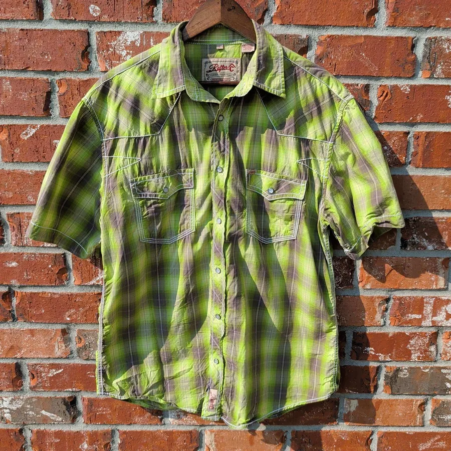 Rafter C Western Shirt Mens Large Green Plaid Pearl Snap Short Sleeve Cowboy