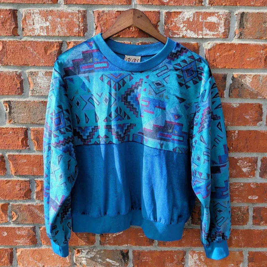 KBS Sweatshirt Mens Large Blue Vintage Southwestern Geometric Made in USA 90s