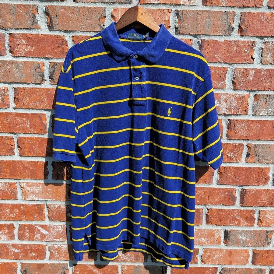 Polo Ralph Lauren Polo Shirt Mens XLT Blue Yellow Striped Short Sleeve Cotton