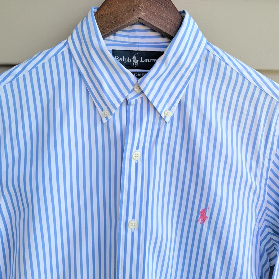 Ralph Lauren Custom Fit Striped Shirt Mens S Blue White Pink Pony Logo