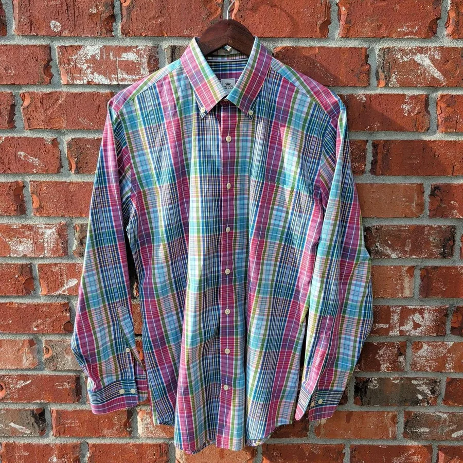 Peter Millar Button Down Shirt Mens Medium Multicolor Plaid Cotton Long Sleeve