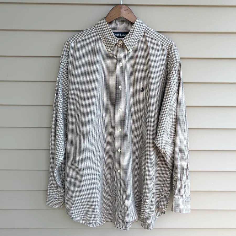 Ralph Lauren Blake Shirt Mens XL Tan Check Long Sleeve Button Down Cotton