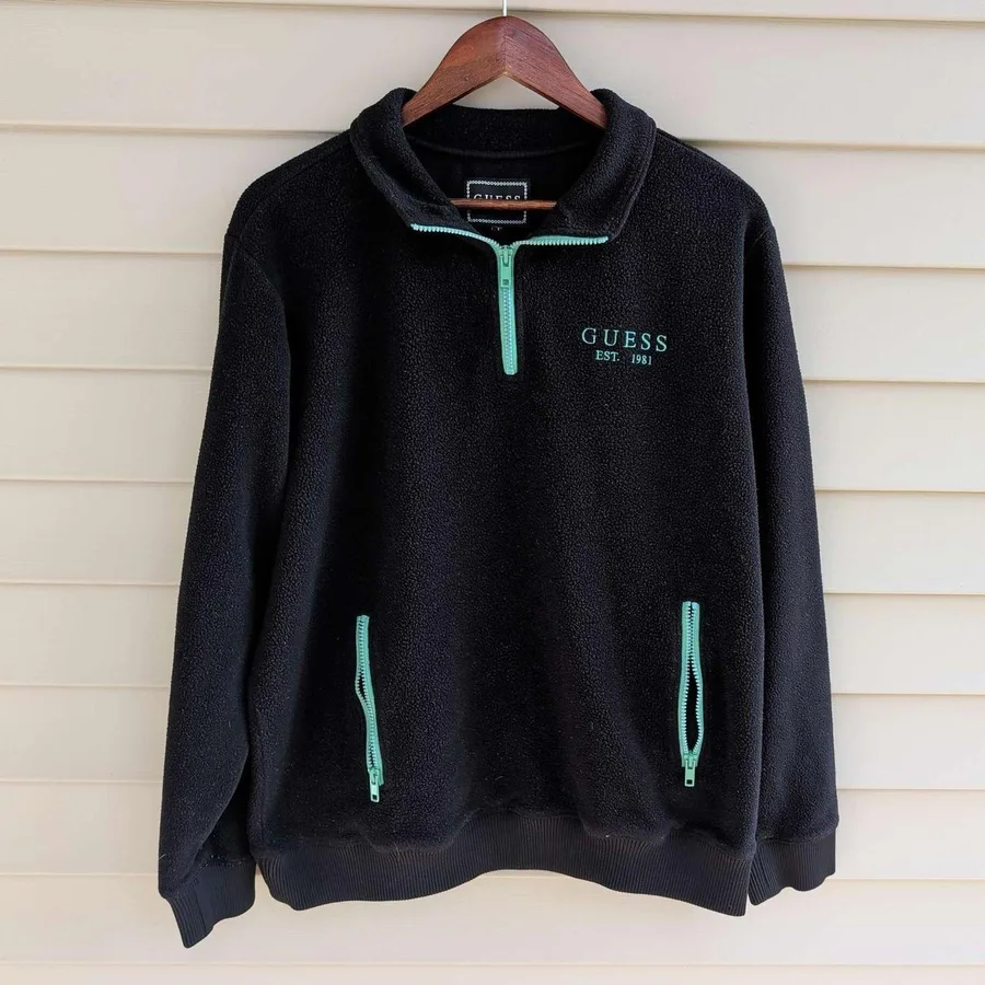 Guess Fleece Pullover Mens Large Black Mint Green Quarter Zip Mock Neck Logo
