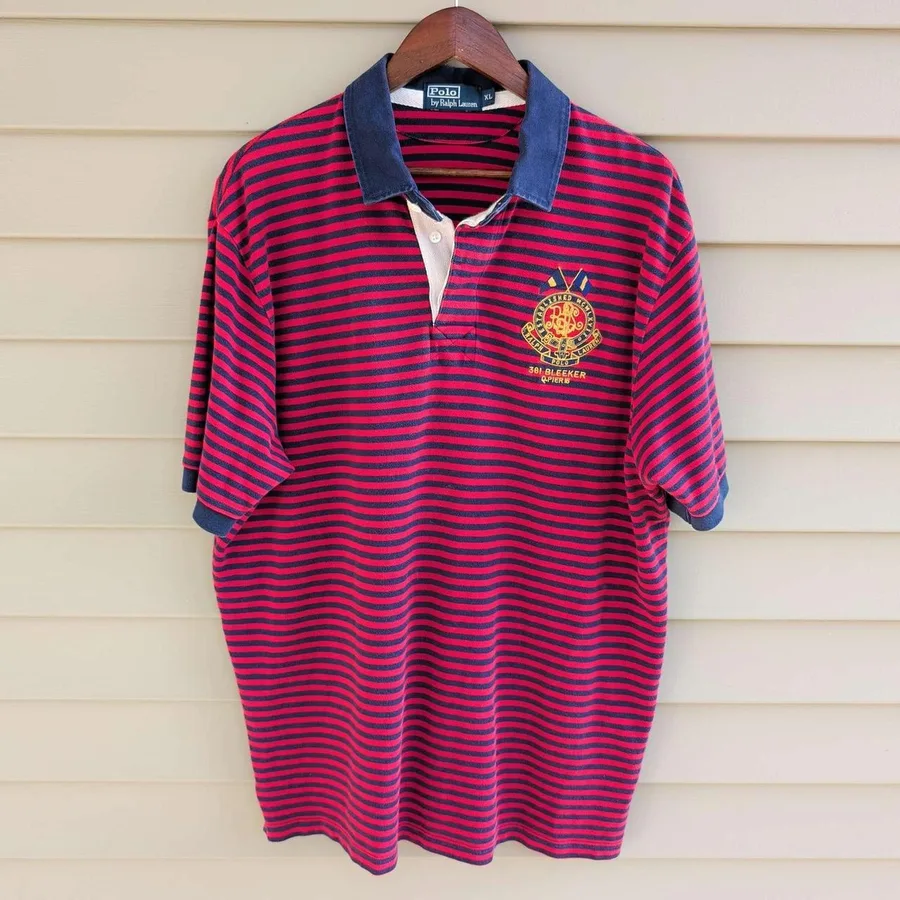 Polo Ralph Lauren Polo Shirt Mens XL Red Navy Striped Embroidered Crest Bleecker