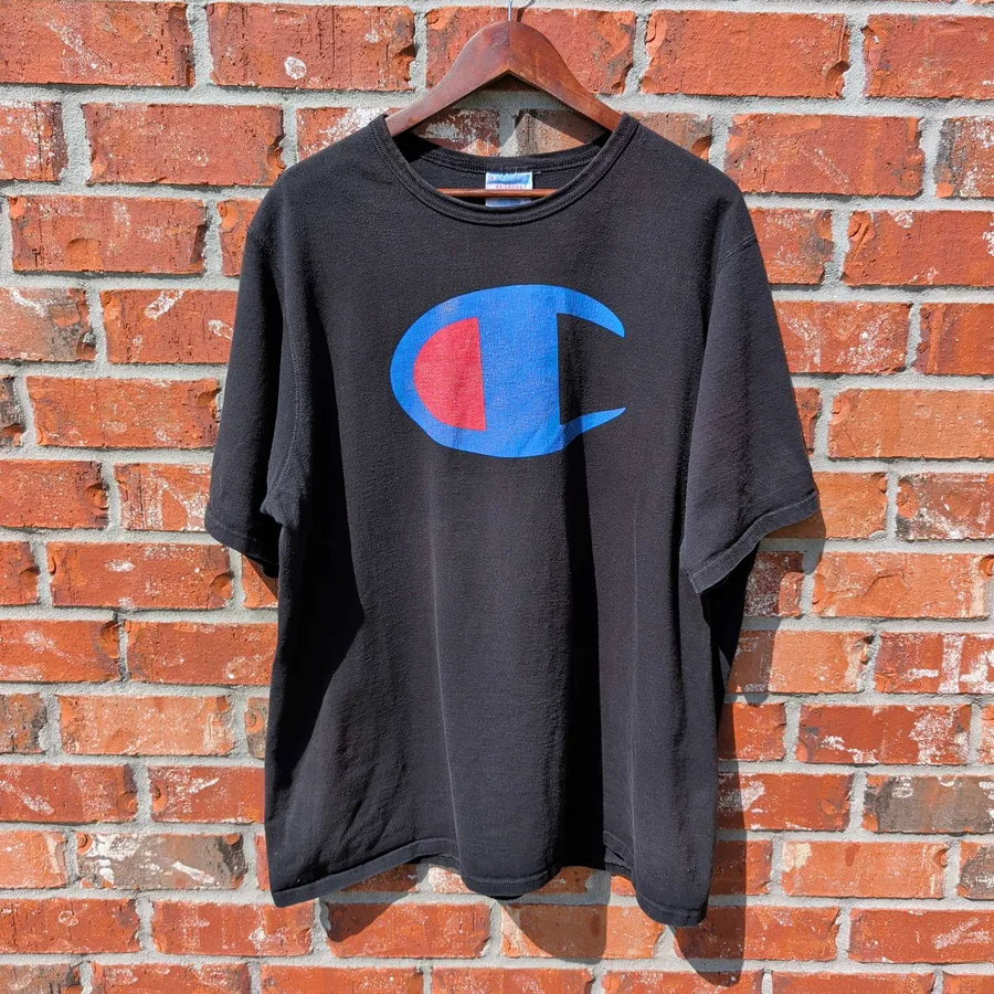 VTG 90s Champion Big C Logo T-Shirt Mens 2XL Black Short Sleeve Graphic Tee