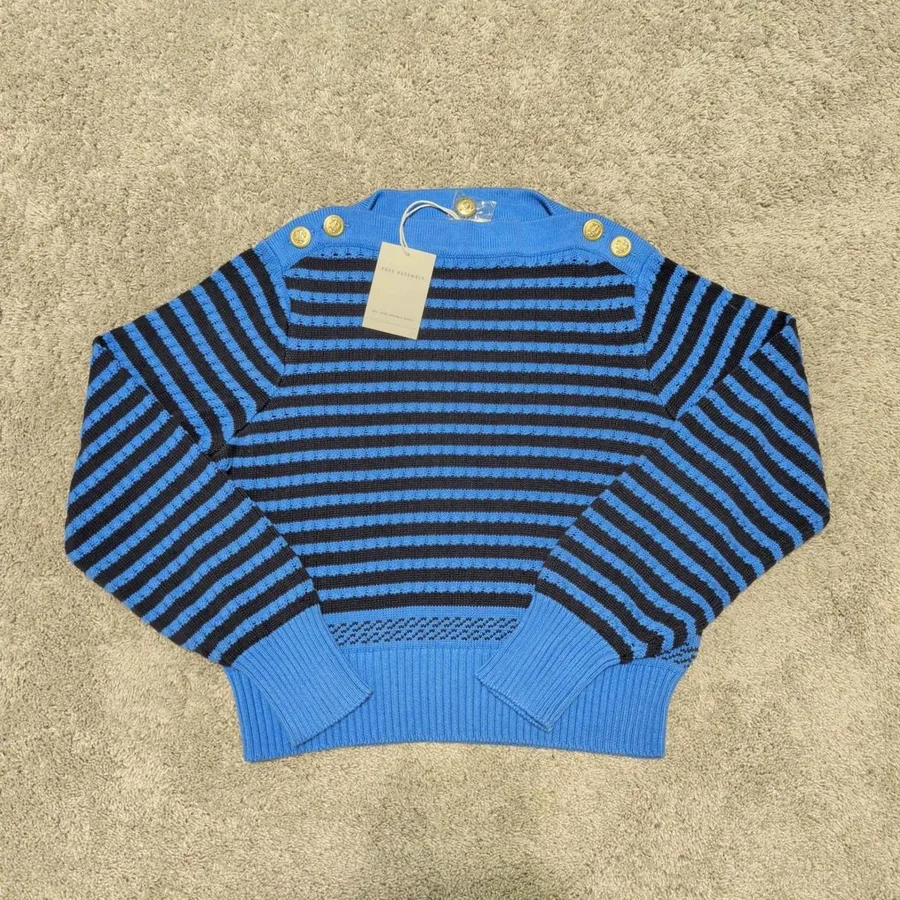 Free Assembly Button Shoulder Sweater Womens Small Blue Black Striped Anchor