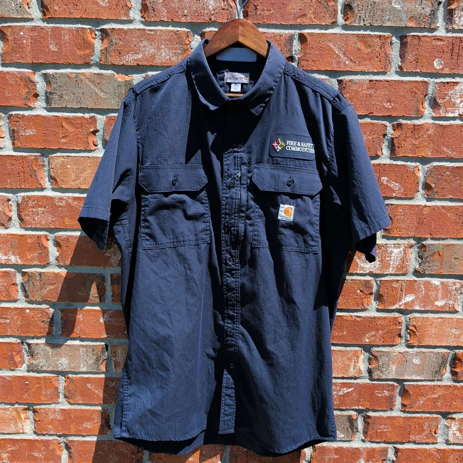 Carhartt Work Shirt Mens L Navy Ripstop Short Sleeve Button Down Fire Safety
