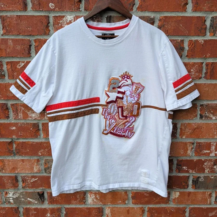 Born Fly T-Shirt Mens 2XL White Embroidered Graphic Patch Striped Streetwear