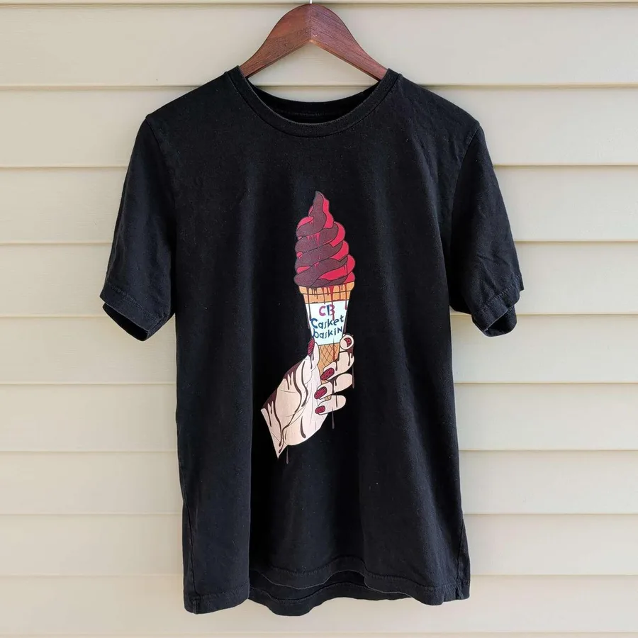 Casket Baskin Graphic T-Shirt Mens Medium Black Horror Ice Cream Streetwear Tee