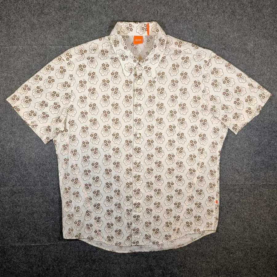 Hugo Boss Orange Shirt Mens XL Cream Brown Floral Paisley Short Sleeve Cotton