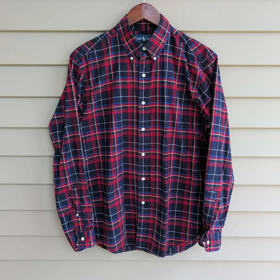 Ralph Lauren Button Down Shirt Mens Medium Red Blue Plaid Classic Fit Pony Logo