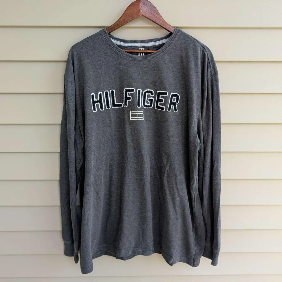 Tommy Hilfiger Long Sleeve Shirt Mens XXL Gray Embroidered Spellout Logo