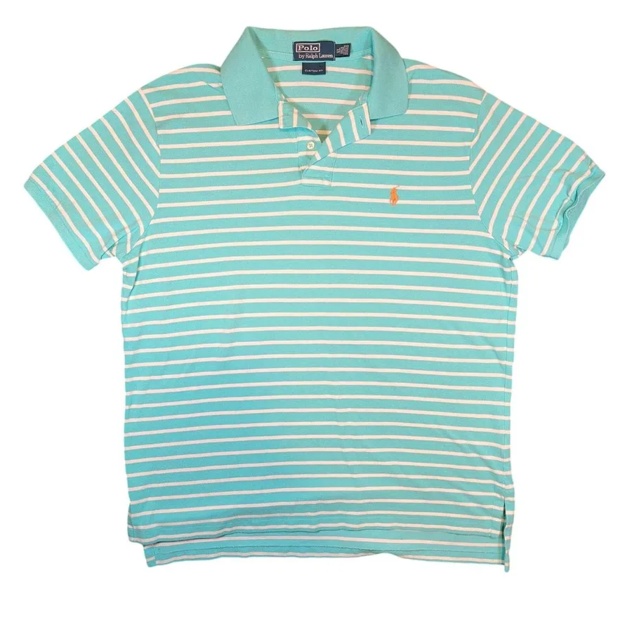 Polo Ralph Lauren Polo Shirt Mens XL Turquoise White Striped Custom Fit Cotton