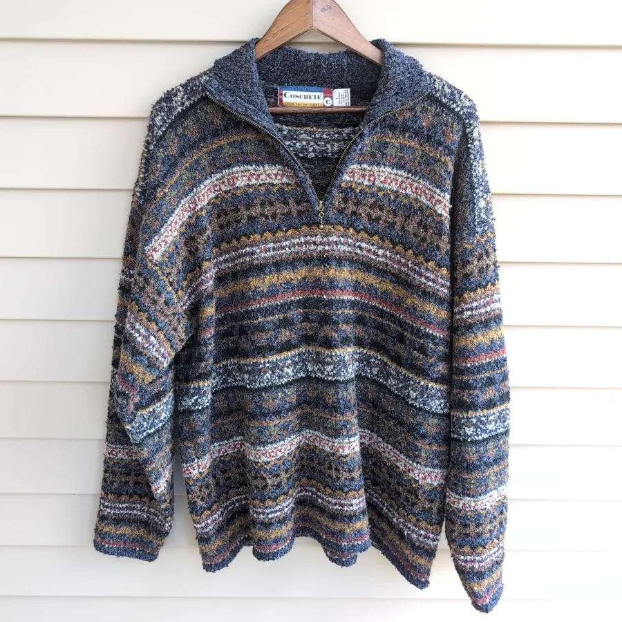 Concrete Original 1/4 Zip Sweater Mens L Blue Fair Isle Boucle Knit 90s