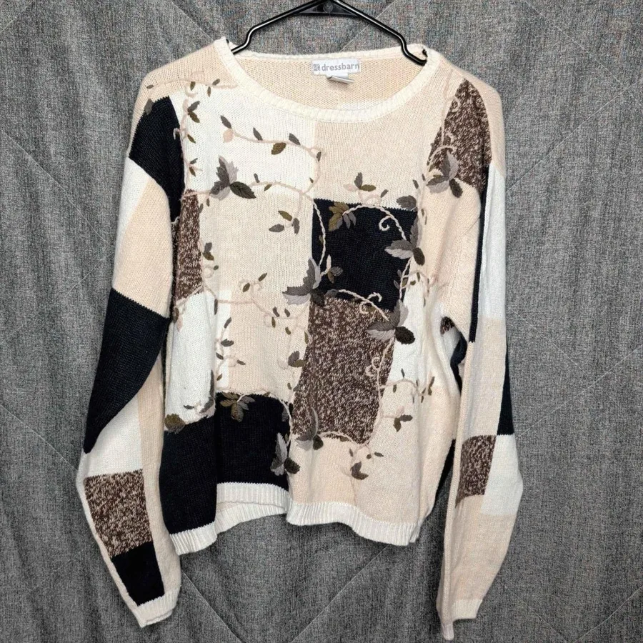 Dressbarn Sweater Women XL Cream Black Colorblock Floral Embroidery Patchwork