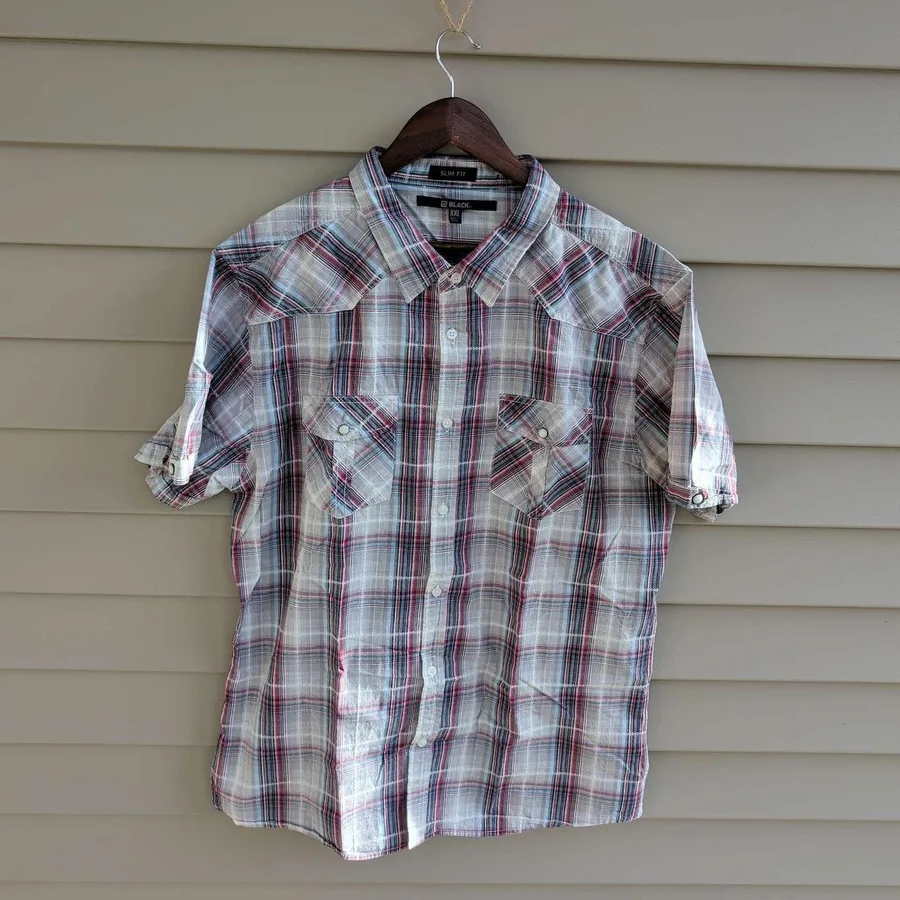 Rue21 Black Western Shirt Mens XXL Gray Red Plaid Slim Fit Short Sleeve Cotton