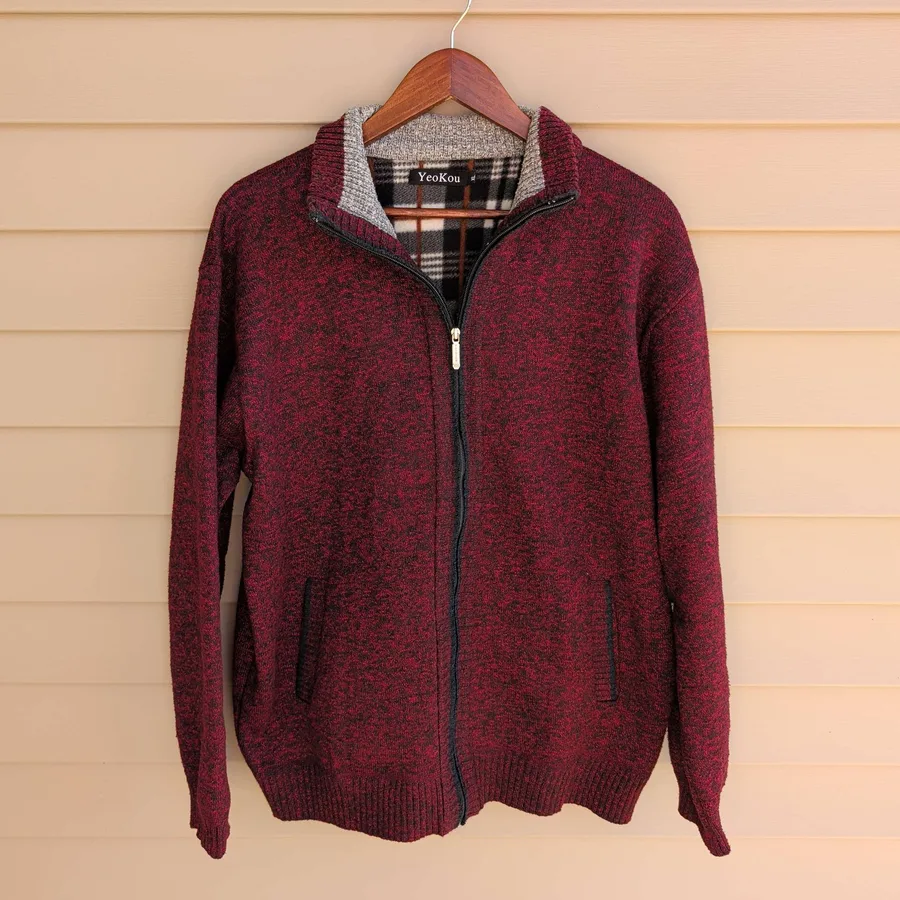 YeoKou Full Zip Cardigan Sweater Mens L Burgundy Plaid Lined Cashmere Blend
