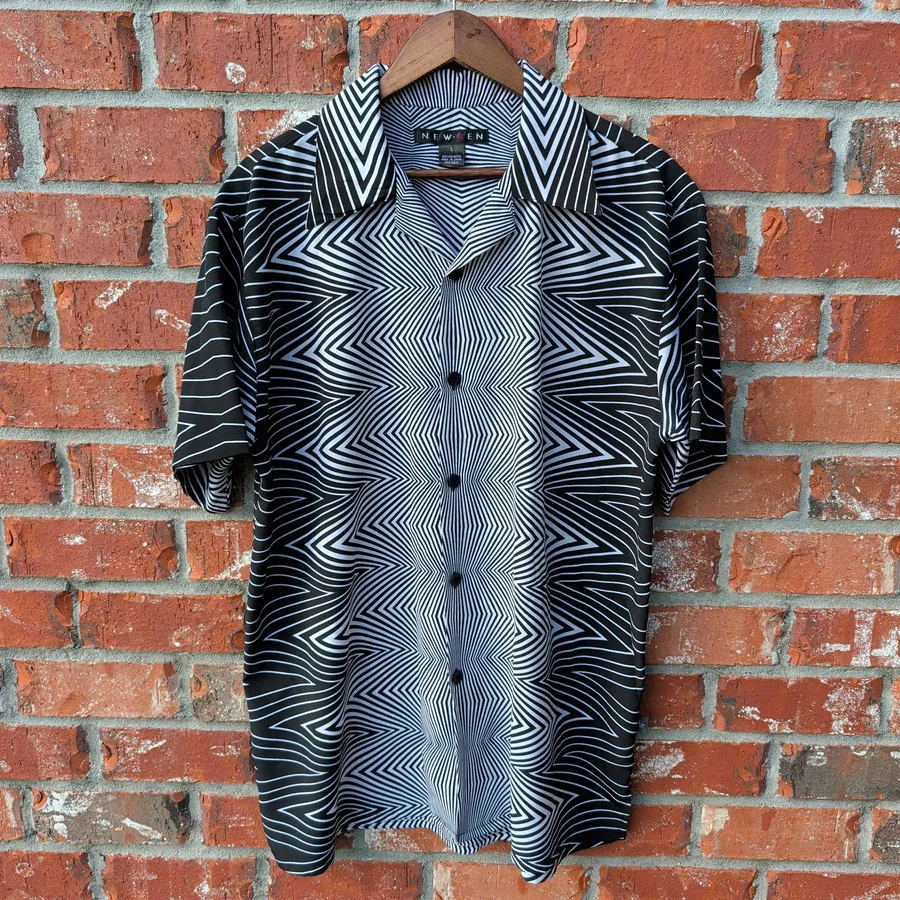 VTG 90s New Gen Optical Print Shirt Mens L Black White Short Sleeve Button Up