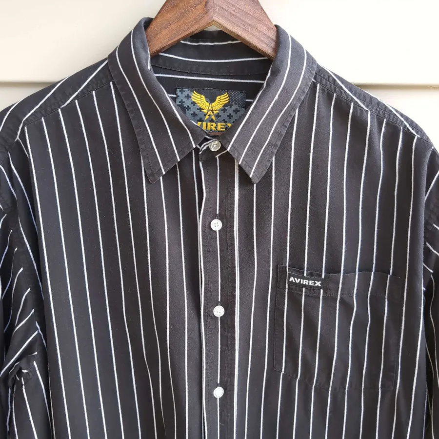 Avirex Striped Button Down Shirt Mens XL Black Pinstripe Long Sleeve Cotton