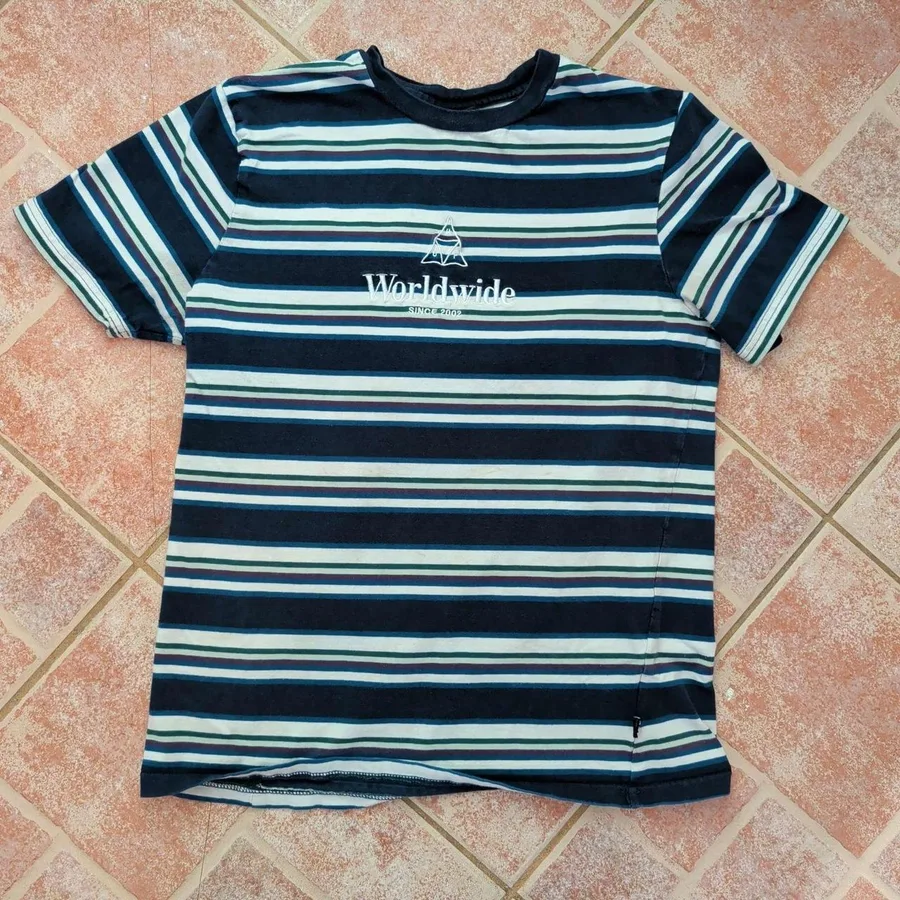 HUF Striped T-Shirt Mens Medium Navy Blue Worldwide Embroidered Skate Tee