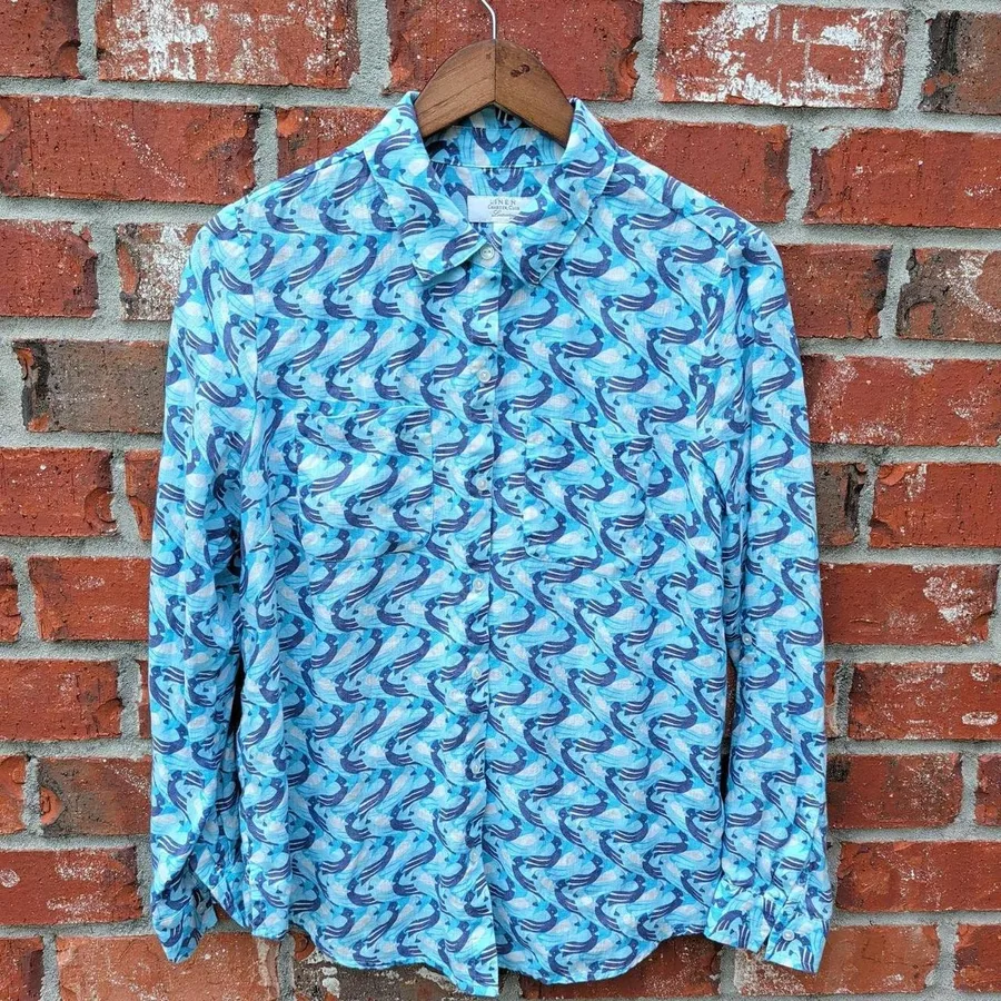 Charter Club Linen Button Up Shirt Mens M Blue Bird Print Long Sleeve Luxury