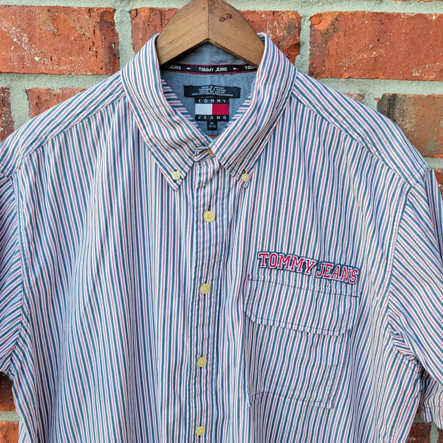Tommy Jeans Striped Button Down Shirt Mens XL Blue Red Short Sleeve Vintage
