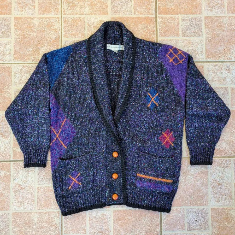 Tony Lambert Collections Cardigan Mens L Black Multi Confetti Knit Vintage 80s