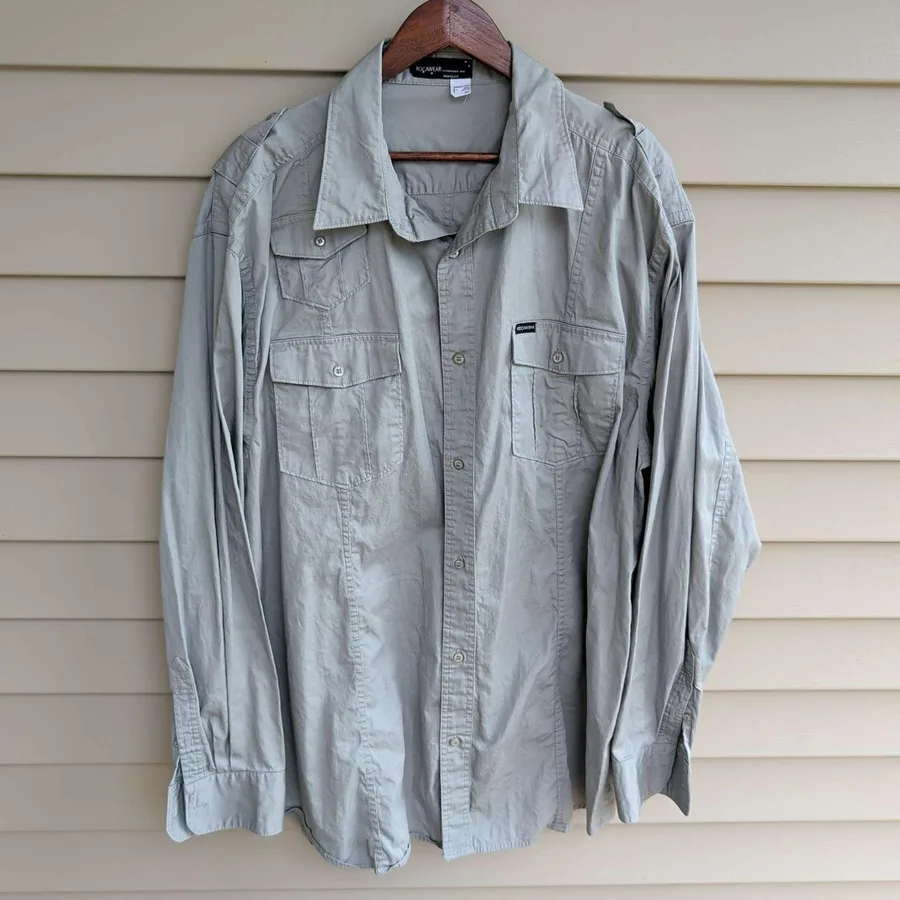 Rocawear Button Down Shirt Mens 3X Grey Olive Military Utility Epaulets Cotton