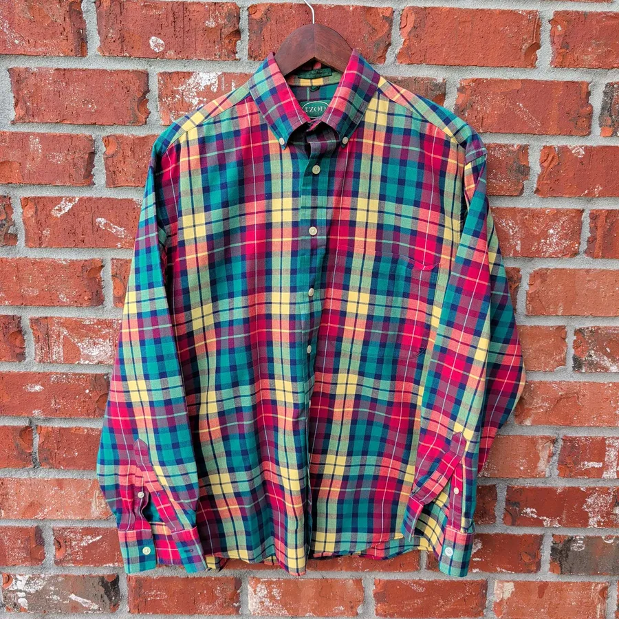 Izod Plaid Flannel Shirt Mens M Green Pink Vintage Button Down