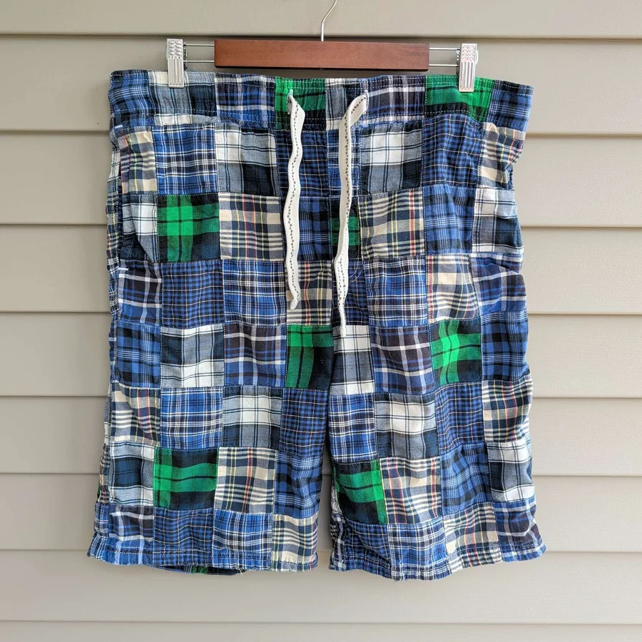 American Eagle Patchwork Madras Shorts Mens Small Blue Green Plaid Drawstring