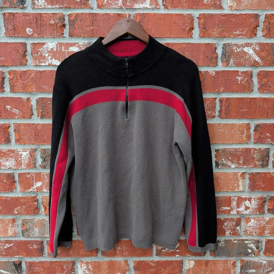 Arizona Quarter Zip Sweater Mens Large Black Grey Red Colorblock Knit Striped