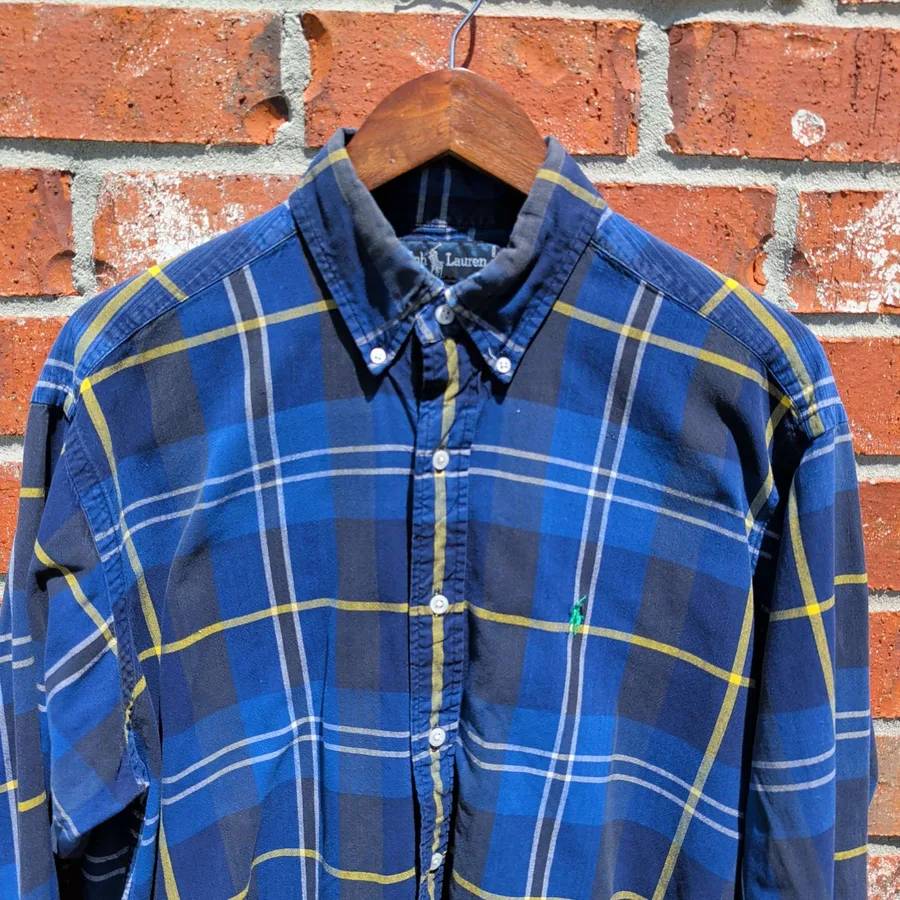 Ralph Lauren Blaire Plaid Shirt Mens M Blue Yellow Cotton Button Down