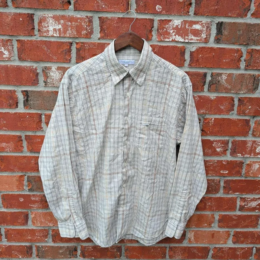 Alex Cannon Button Down Shirt Mens Large Grey White Tan Plaid Cotton Long Sleeve