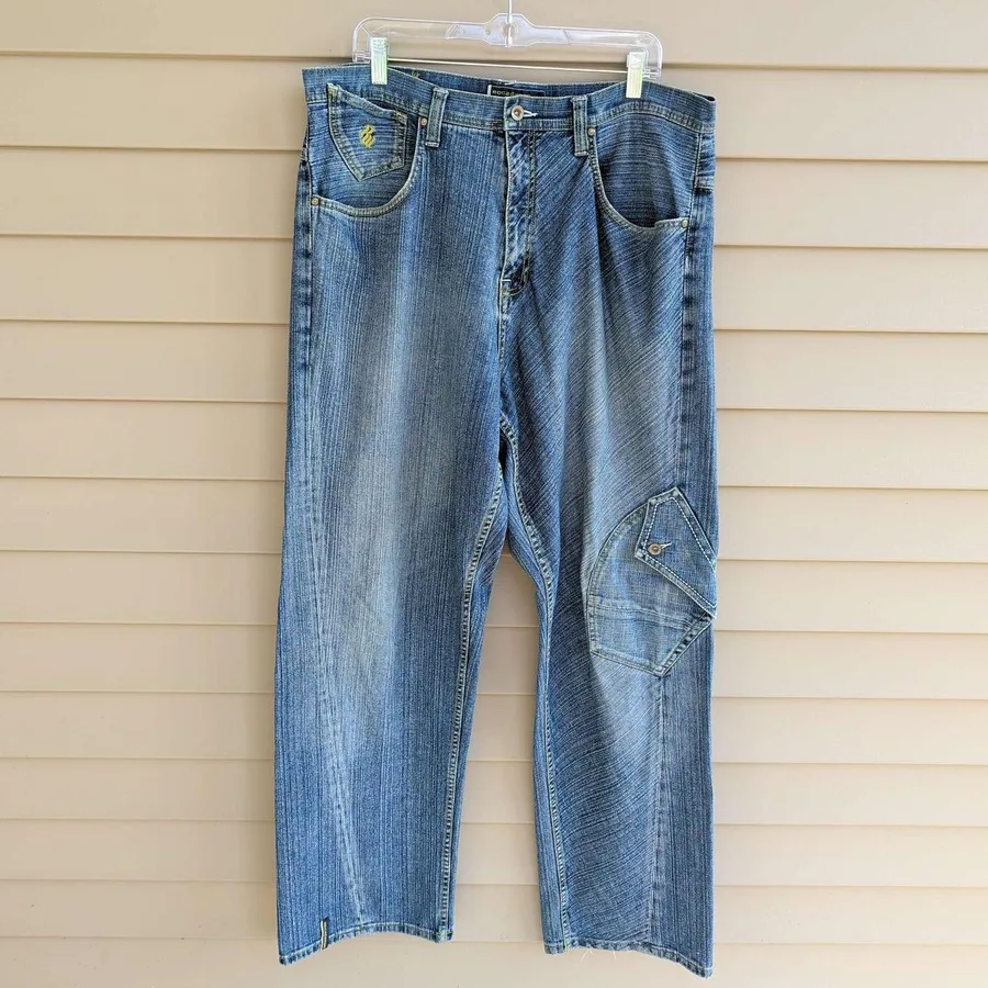 Rocawear Jeans Mens 38x34 Blue Baggy Y2K Streetwear Cargo Pocket