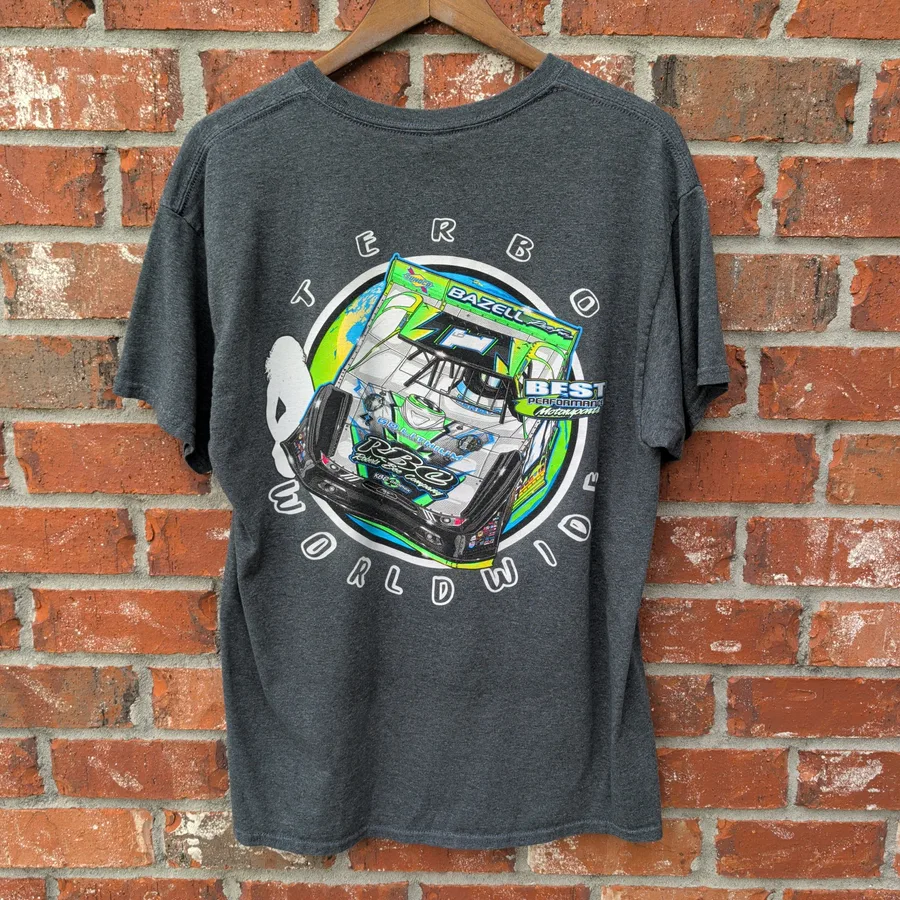 Gildan Dirt Track Racing T-Shirt Mens L Gray Turbo Worldwide Graphic Tee